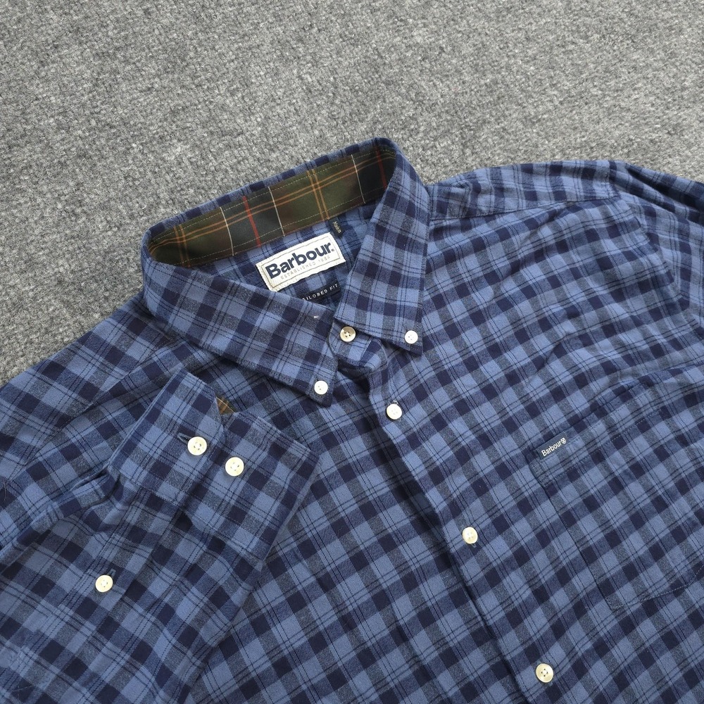 Barbour Shirt Mens XL Blue Plaid Tailored Fit Bramwell Casual Outdoors Hike